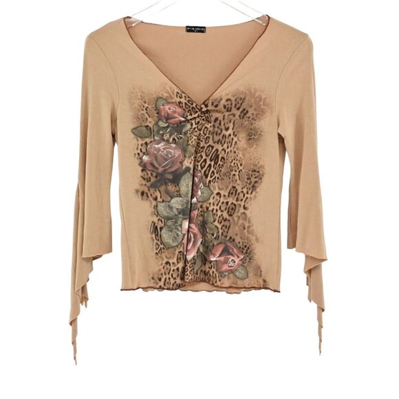 FANG Tops - VTG Y2k FANG Womens T Shirt Sz L V Neck Long Sleeve Animal Floral Print Stretch